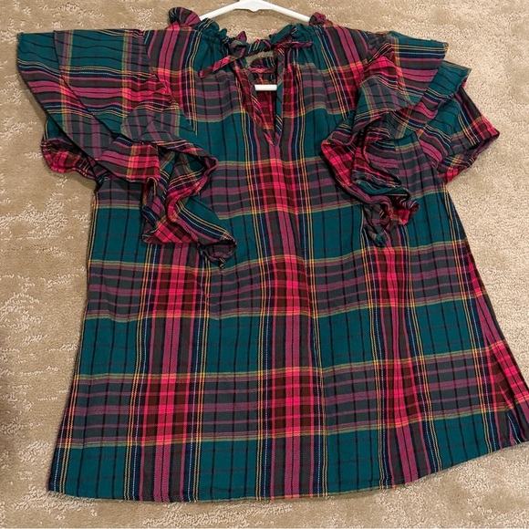 New CROSBY by Mollie Burch Flutter Short Sleeve Emory Top Plaid Size small Acade - Picture 2 of 4